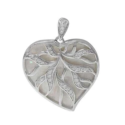 Rhodium Plated On Sterling Silver, Heart Pendant With Mother Of Pearl. Approximate Pendant Size: 24mm L X 24mm W X 3mm T.