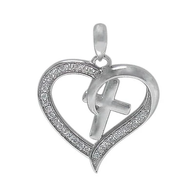 Rhodium Plated On Sterling Silver, Heart And Cross Pendant With Faceted Cubic Zirconia. Approximate Pendant Size: 20mm L X 20mm W