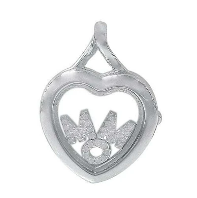Rhodium Plated On Sterling Silver, Heart Shape Open Glass Mom Pendant With Faceted Stones. Approx Pendant Size: 19mm L X 19mm W.