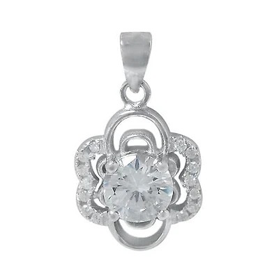 Rhodium Plated On Sterling Silver, 7mm Faceted Round Stone Pendant With A Designed Frame. Approximate Pendant Size: 15mm L X 13mm W