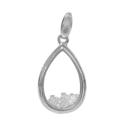 Rhodium Plated On Sterling Silver, Moving Glass Teardrop Shape Pendant With Faceted Stone. Approximate Pendant Size: 20mm L X 14mm W X 4mm T.