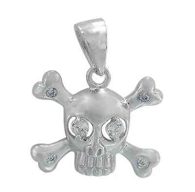 Rhodium Plated On Sterling Silver, Faceted Skull Head Stone Pendant With Cross Bone. Approx Size: 12mm L X 15mm W.