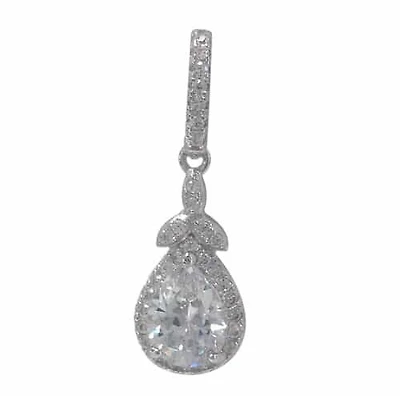 Rhodium Plated On Sterling Silver, Teardrop Shape Pendant With Faceted Stone. Approximate Pendant Size: 16mm L X 8mm W.