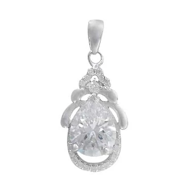 Rhodium Plated On Sterling Silver, Teardrop Shape Faceted Stone Pendant. Approx Pendant Size: 18mm L X 12mm W.