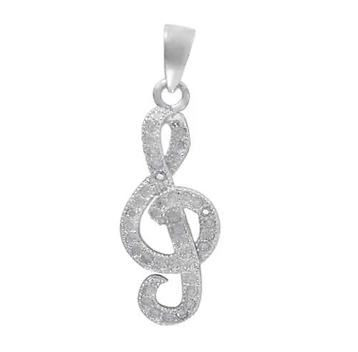 Rhodium Plated On Sterling Silver, Music Note Pendant With Faceted Stone. Approx Pendant Size: 20.5mm L X 9mm W.