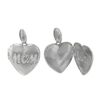Sterling Silver, Heart Shape Locket With The Word Mom And Multi Faceted Stone. Approx Size: 17mm L X 17mm W X 4mm T.