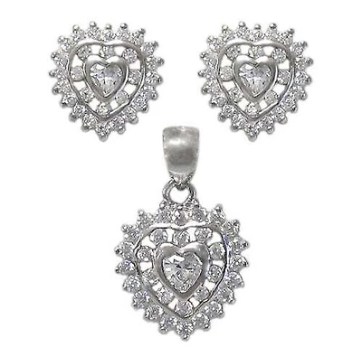 Sterling Silver With Rhodium Heart Set, 11X10mm Earrings And 13X13mm Pendant
