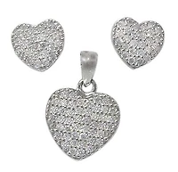 Sterling Silver With Rhodium Heart Set, 8X8mm Earrings And 10X11mm Pendant