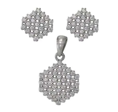 Sterling Silver With Rhodium Set, 10X10mm Earrings And 15X12mm Pendant