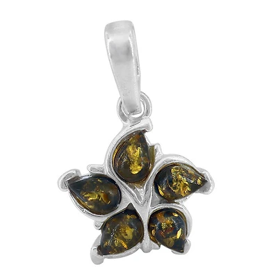 Sterling Silver, 16mm Flower Pendant With Green Amber