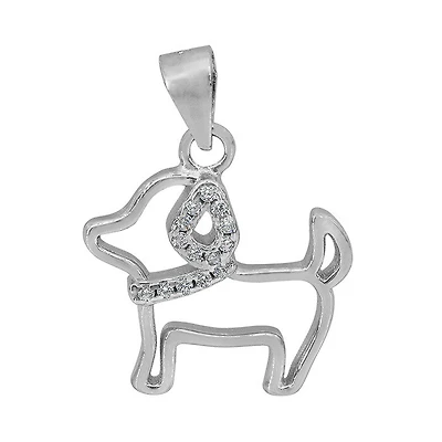 Sterling Silver With Rhodium, 16X17mm Dog Pendant With Cubic Zirconia