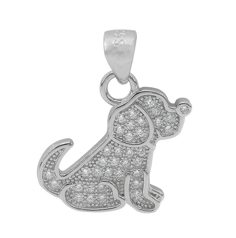 Sterling Silver With Rhodium, 14X7mm Dog Pendant With Cubic Zirconia