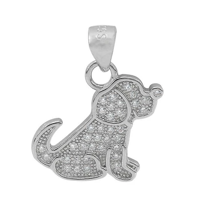 Sterling Silver With Rhodium, 14X7mm Dog Pendant With Cubic Zirconia