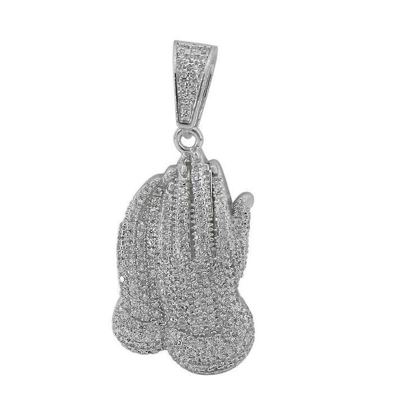 Sterling Silver With Rhodium, 16X27mm Praying Hand Pendant With Cubic Zirconia