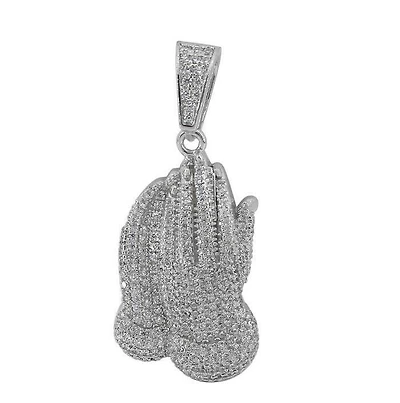 Sterling Silver With Rhodium, 16X27mm Praying Hand Pendant With Cubic Zirconia