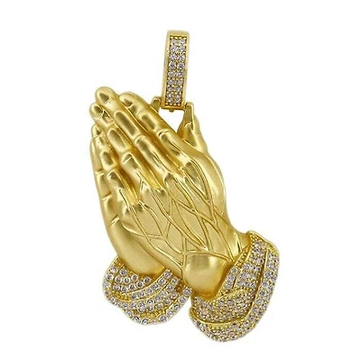 Sterling Silver With Gold, 30X50mm Praying Hand Pendant With Cubic Zirconia
