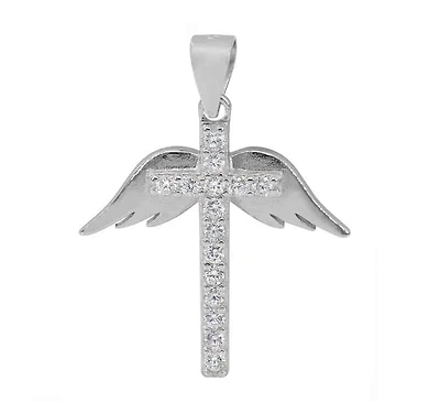 Sterling Silver With Rhodium, 21X19mm Wing And Cross Pendant With Cubic Zirconia