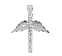 Sterling Silver With Rhodium, 21X19mm Wing And Cross Pendant With Cubic Zirconia