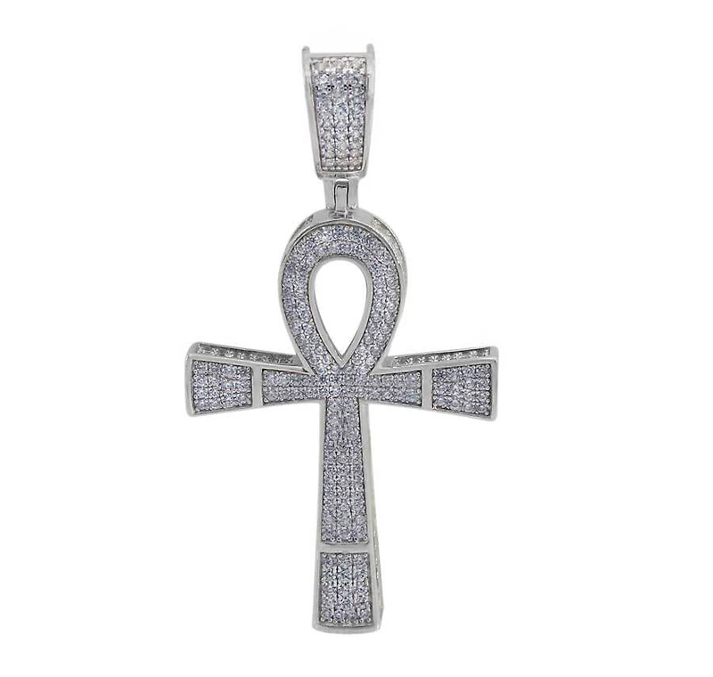 Sterling Silver With Rhodium, 34X24mm Ankh Cross Pendant With Cubic Zirconia