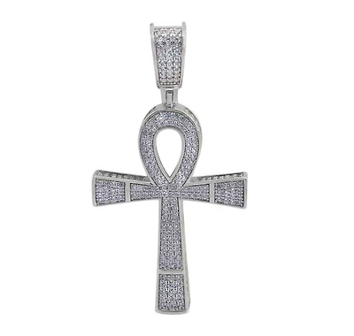 Sterling Silver With Rhodium, 34X24mm Ankh Cross Pendant With Cubic Zirconia