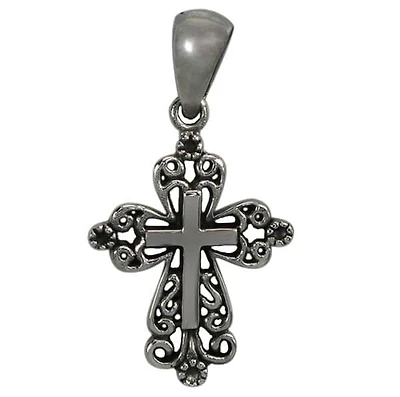 Oxidize Plated On Sterling Sliver, Fancy Style, Smooth Cross Pendant With Detail Design. Approx Pendant Size: 21mm L X 16mm W X 1.8mm T.