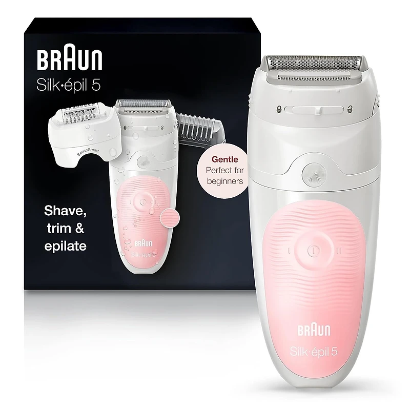 Braun Epilator Silk-épil 5 SES 5-620 Wet & Dry Use Epilator for Women, 6 Piece Set, White/Pink