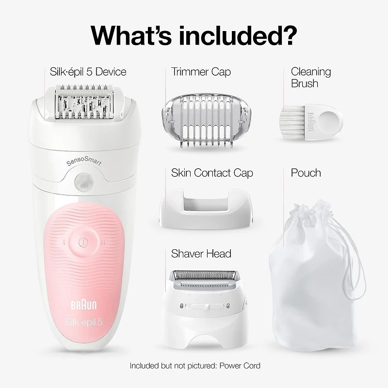 Braun Epilator Silk-épil 5 SES 5-620 Wet & Dry Use Epilator for Women, 6 Piece Set, White/Pink