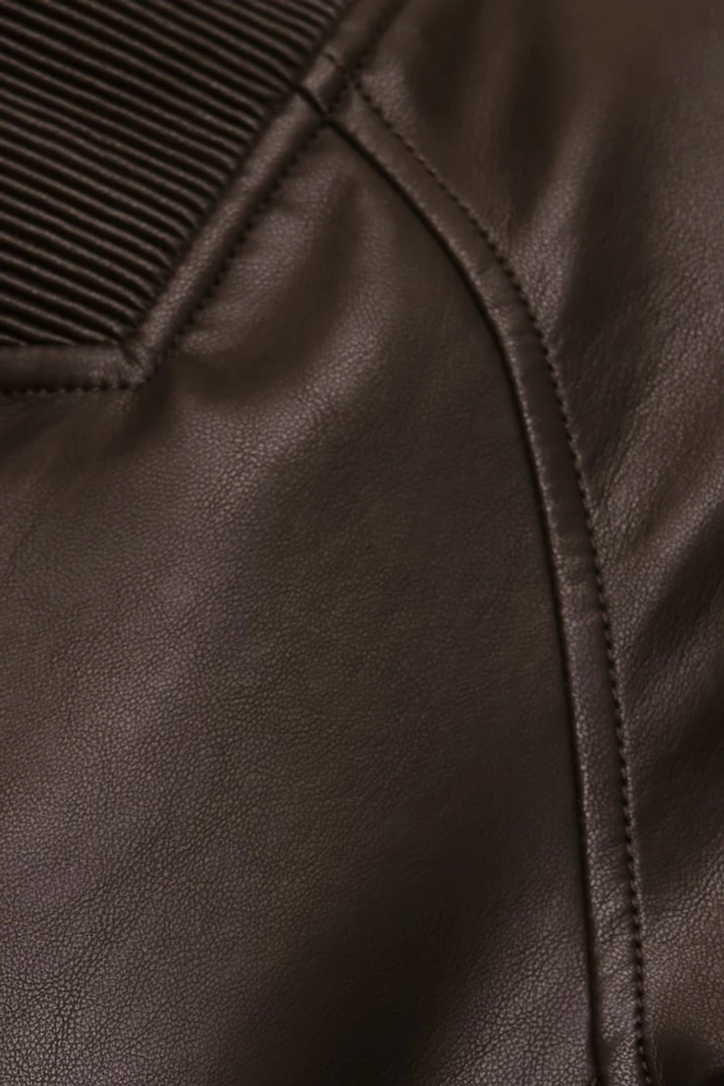 Ribbed Faux Leather Bomber Jacket