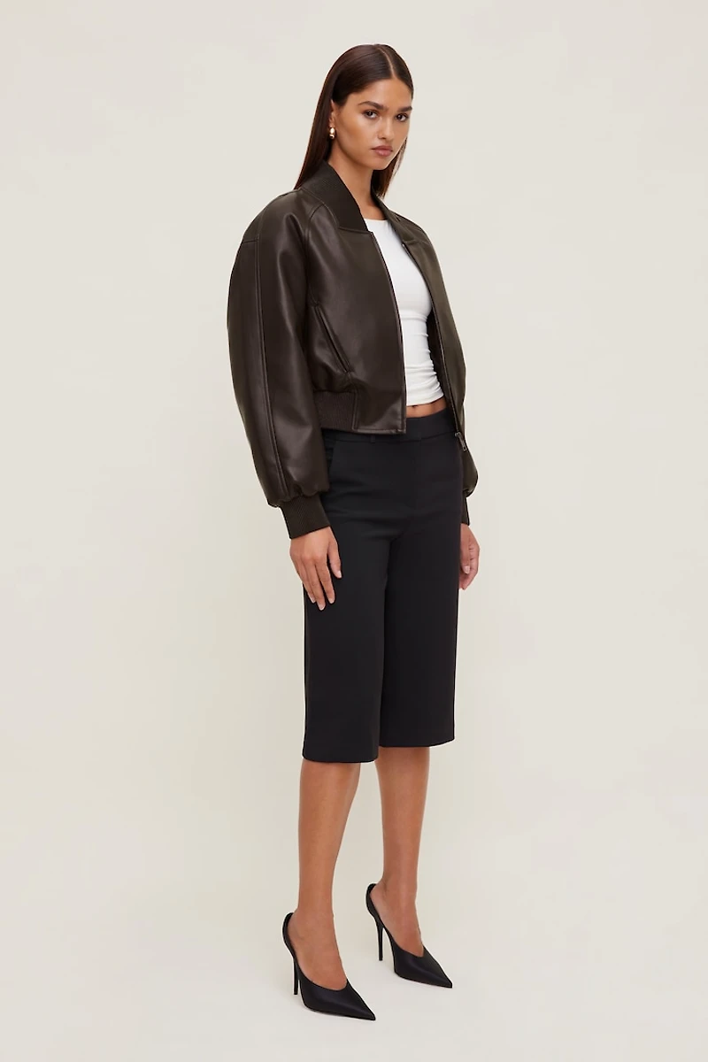Ribbed Faux Leather Bomber Jacket