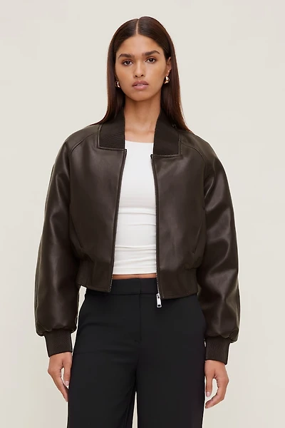 Ribbed Faux Leather Bomber Jacket