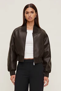 Ribbed Faux Leather Bomber Jacket