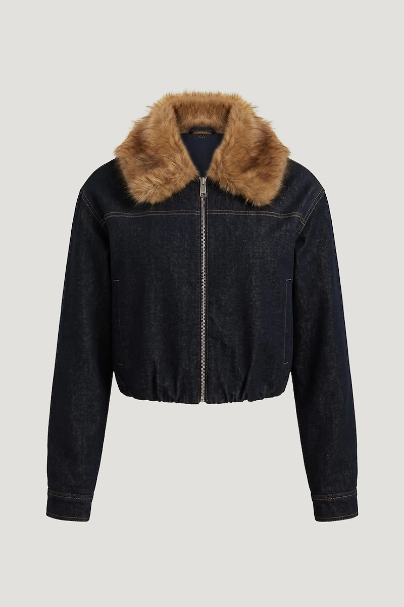 Faux Fur Collar Denim Aviator Jacket
