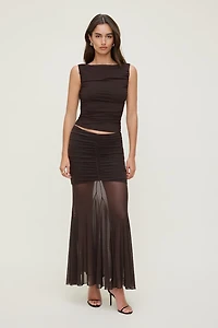 Ruched Boat Neck Mesh Tank Top