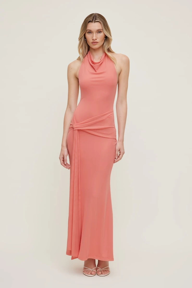 Scarlet Draped Mesh Maxi Dress