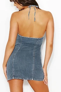 Denim Plunge Halter Dress