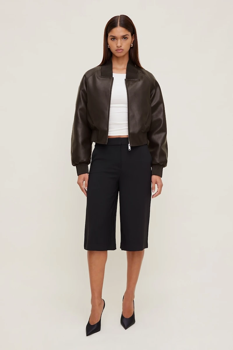 Ribbed Faux Leather Bomber Jacket