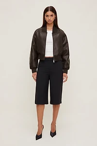 Ribbed Faux Leather Bomber Jacket