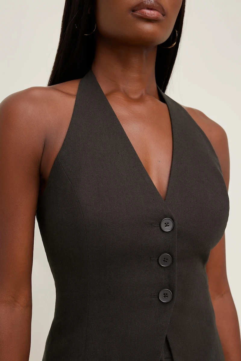 Veste sans manches à col licou en lin
