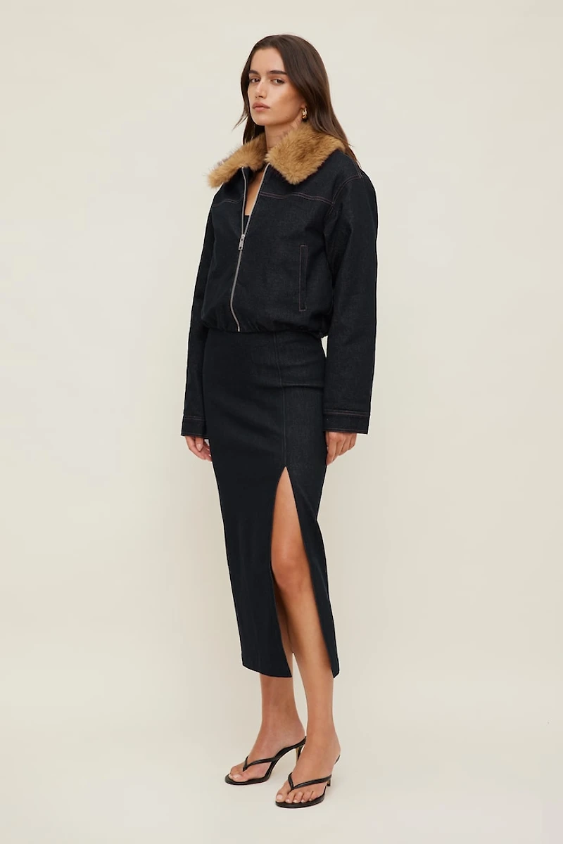 Faux Fur Collar Denim Aviator Jacket
