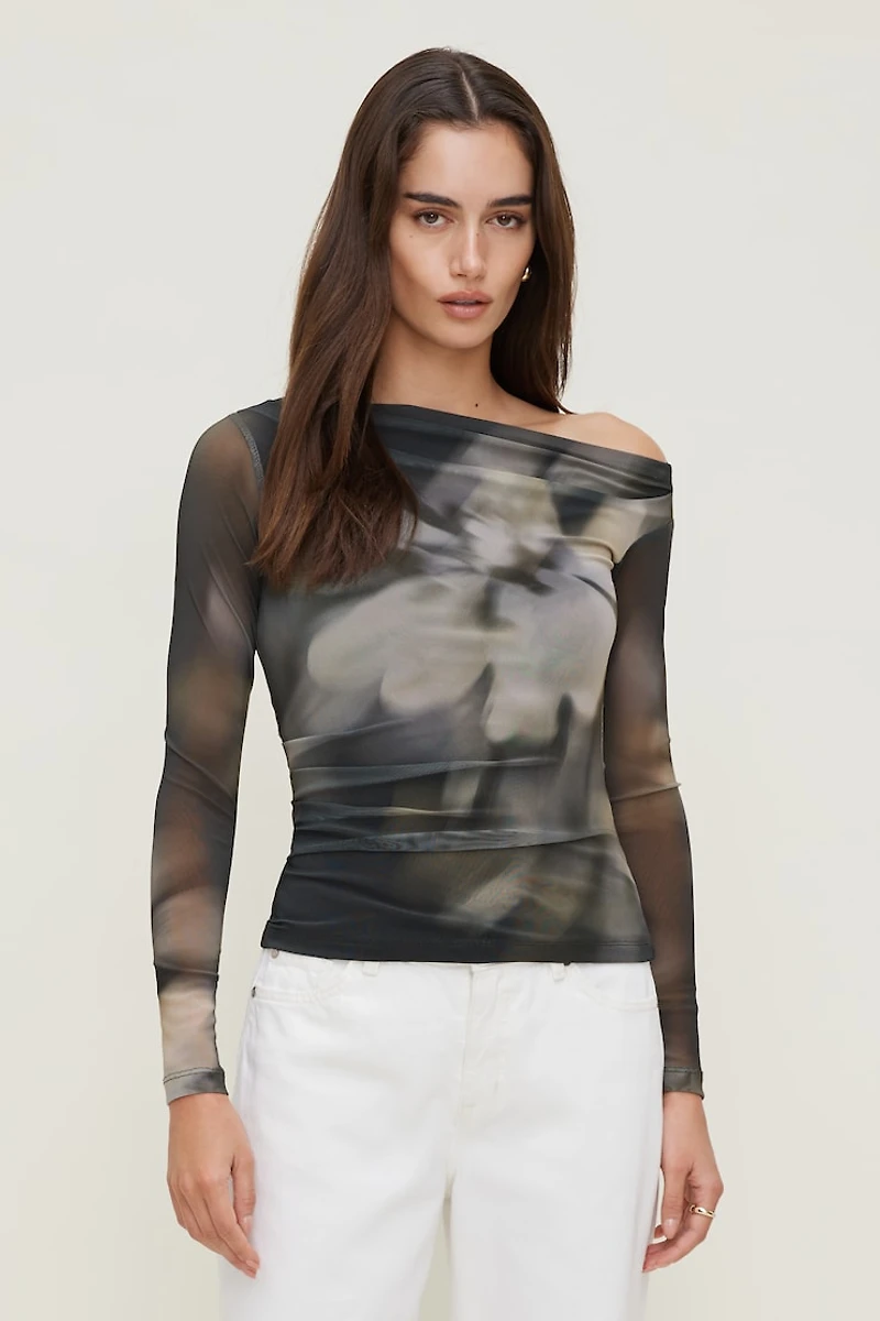 Cleo Printed Mesh Long Sleeve Top