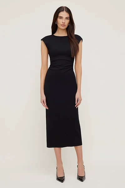 Robe midi en point de Rome à col rond