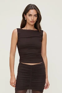 Ruched Boat Neck Mesh Tank Top