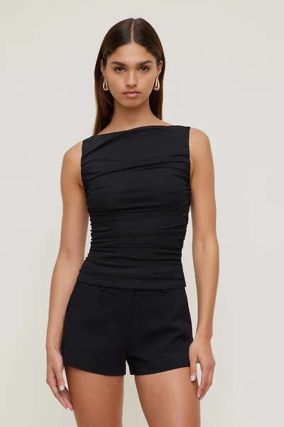 Ruched Boat Neck Mesh Tank Top