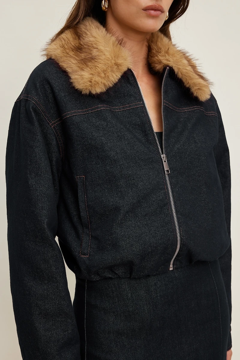Faux Fur Collar Denim Aviator Jacket
