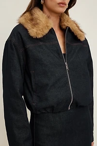 Faux Fur Collar Denim Aviator Jacket