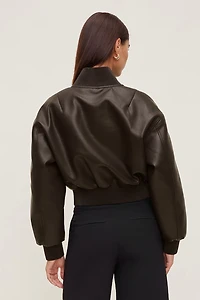 Ribbed Faux Leather Bomber Jacket