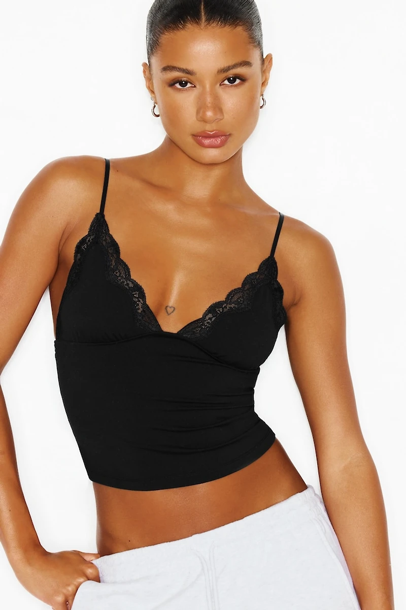 Sleek Plunge Lace Trim Cami Top