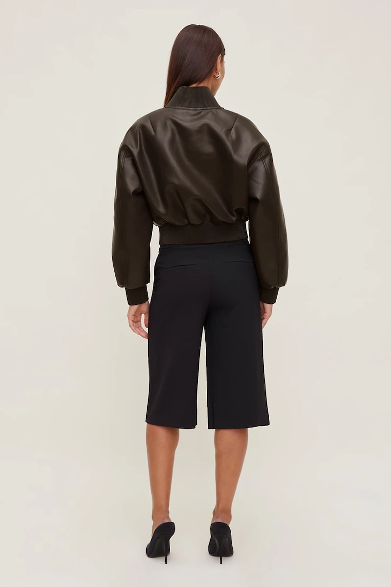 Ribbed Faux Leather Bomber Jacket