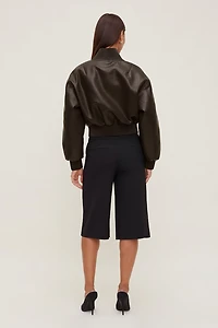 Ribbed Faux Leather Bomber Jacket