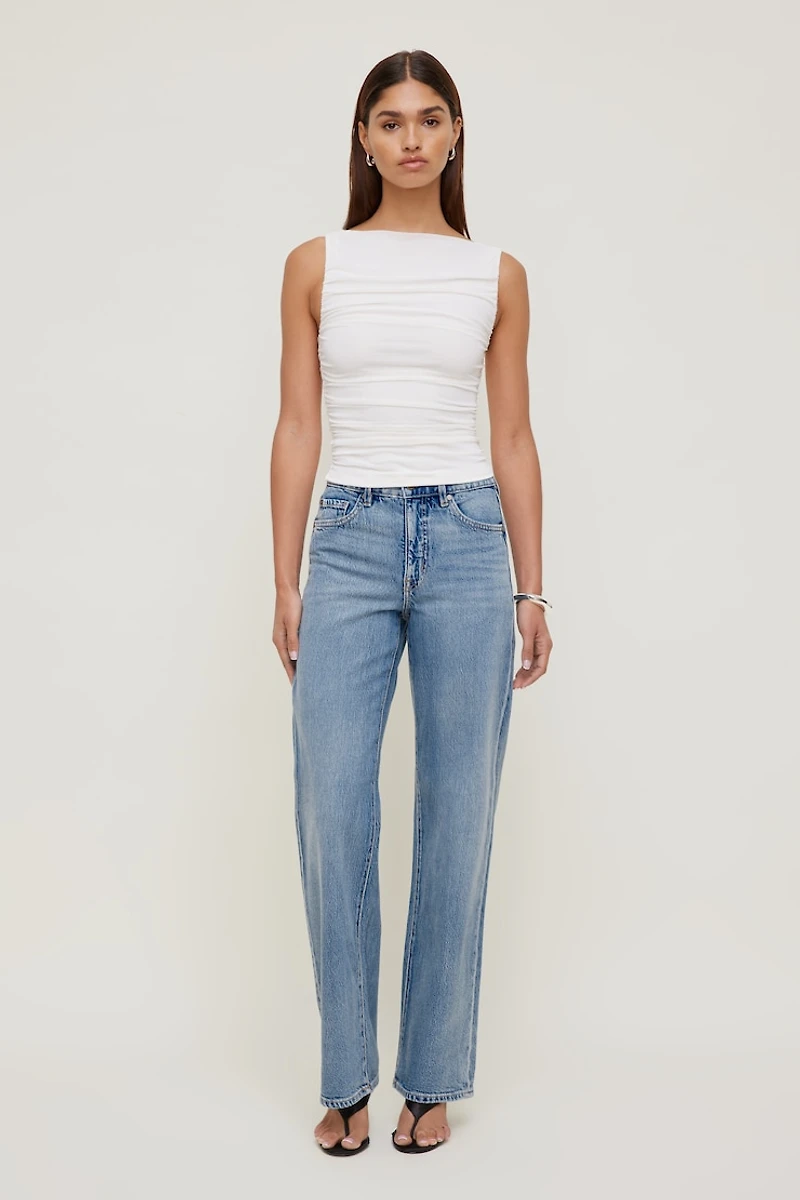 Ruched Boat Neck Mesh Tank Top